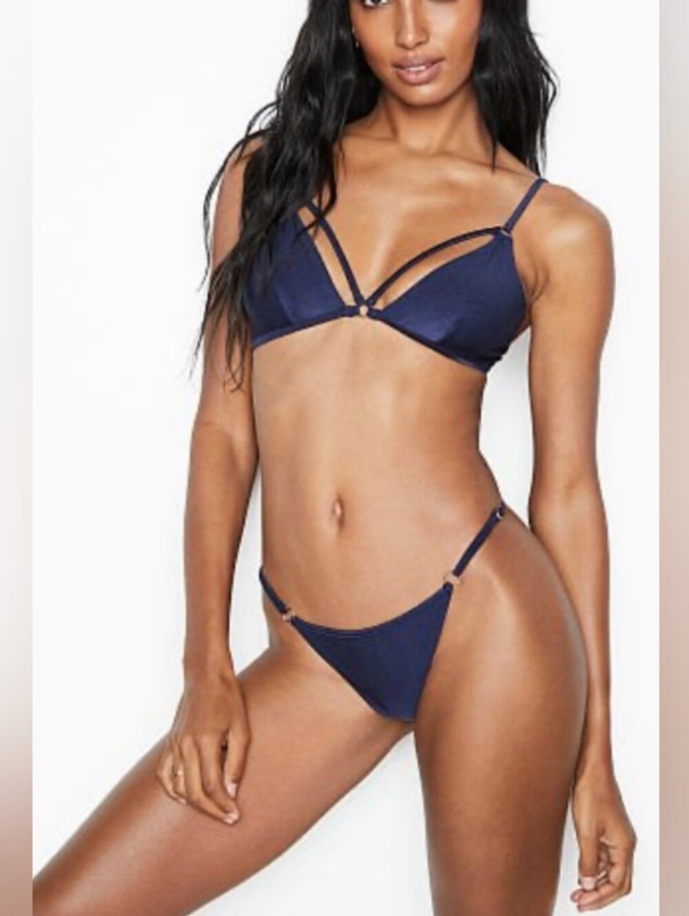 Victoria's Secret Blue Shiny Bikini Medium EUC O Ring Hardware Strappy